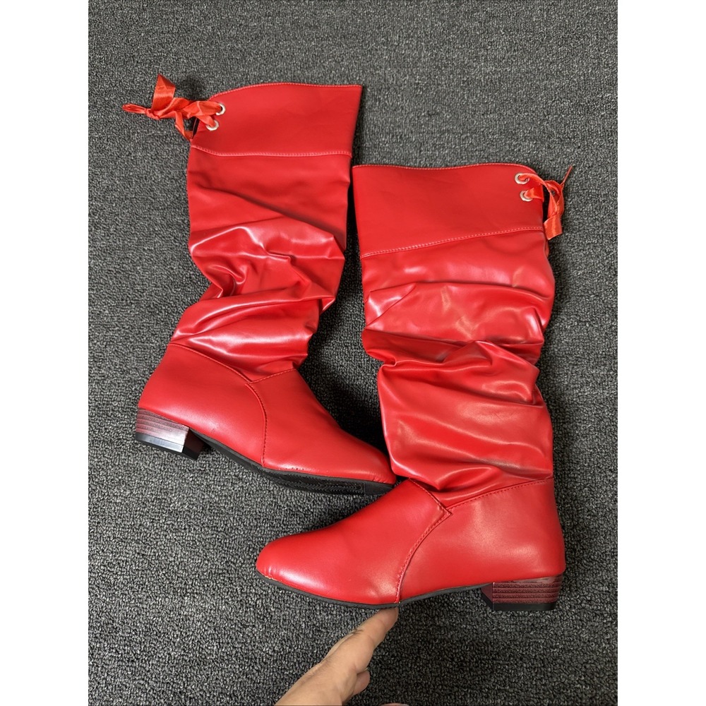 Women's Pull On Knee High Boots RED Shiny Faux Leather w/Decorative Ties 39 1109